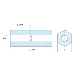 Dimensioned drawing 17.7 mm, Hexagonal female/female threaded spacer plastic glass-fibre reinforced PA6.6 polyamide UL94-V0 M3 - 6 mm across flats