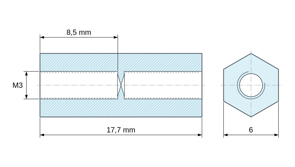 Dimensioned drawing, Hexagonal female/female threaded spacer plastic glass-fibre reinforced PA6.6 polyamide UL94-V0 M3 - 6 mm across flats Dimensioned drawing, Hexagonal female/female threaded spacer plastic glass-fibre reinforced PA6.6 polyamide UL94-V0 M3 - 6 mm across flats