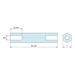 Dimensioned drawing 40 mm, Hexagonal female/female threaded spacer plastic glass-fibre reinforced PA6 polyamide UL94-HB M4 - 7 mm across flats