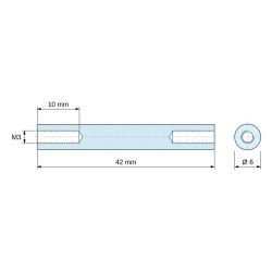 Dimensioned drawing 42 mm, Round female/female threaded spacer white plastic glass-fibre reinforced PA6 polyamide UL94-HB M3 - Ø6 mm