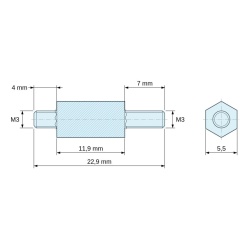 Dimensioned drawing 11.9 mm / 4 / 7 mm, Hexagonal male/male threaded spacer zinc-plated steel M3 - 5.5 mm across flats, 4 and 7 mm studs