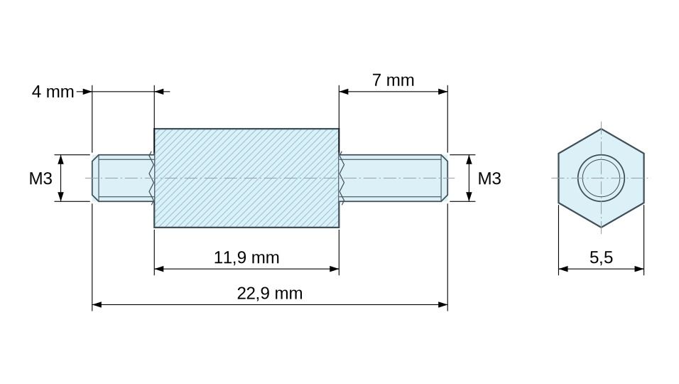 Dimensioned drawing, Hexagonal male/male threaded spacer zinc-plated steel M3 - 5.5 mm across flats, 4 and 7 mm studs