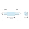 Dimensioned drawing 15 mm / 6 / 8 mm, Hexagonal male/male threaded spacer blue zinc-plated steel M4 - 7 mm across flats, 6 and 8 mm studs