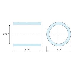 Dimensioned drawing 15 mm, Round leaded nickel-plated brass spacer Ø10.2x13mm for M10 screw