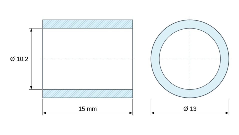 Dimensioned drawing, Round leaded nickel-plated brass spacer Ø10.2x13mm for M10 screw Dimensioned drawing, Round leaded nickel-plated brass spacer Ø10.2x13mm for M10 screw