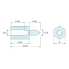 Dimensioned drawing 8 mm / 5 mm, Hexagonal self-tapping threaded spacer lead-free zinc-plated steel M2.5 / ST2.6 - 5 mm across flats