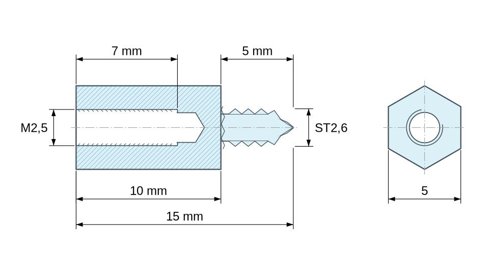 Dimensioned drawing, Hexagonal self-tapping threaded spacer zinc-plated steel M2.5 / ST2.6 - 5 mm across flats Dimensioned drawing, Hexagonal self-tapping threaded spacer zinc-plated steel M2.5 / ST2.6 - 5 mm across flats