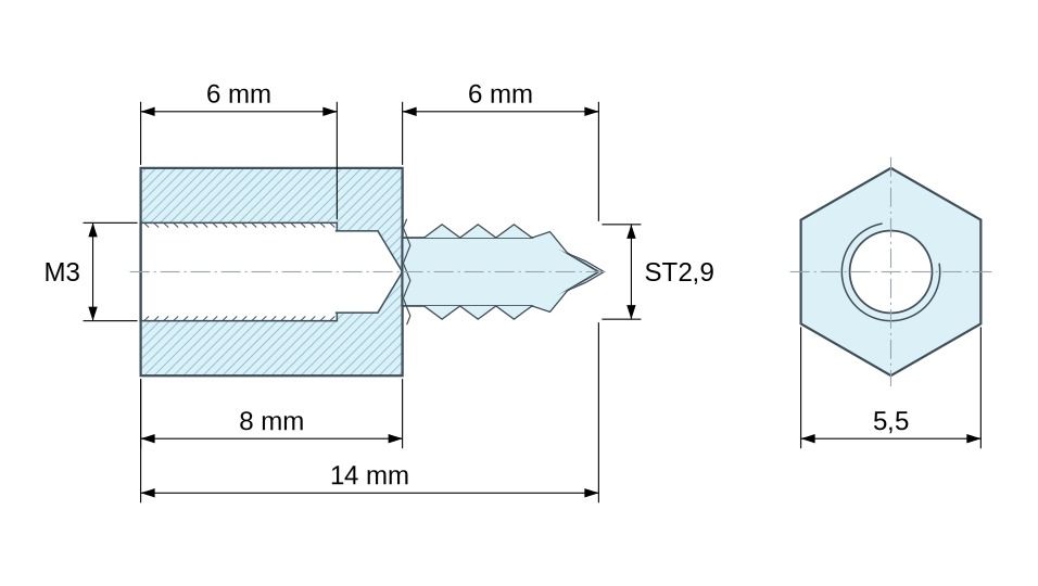 Dimensioned drawing, Hexagonal self-tapping threaded spacer lead-free zinc-plated steel M3 / ST2.9 - 5.5 mm across flats Dimensioned drawing, Hexagonal self-tapping threaded spacer lead-free zinc-plated steel M3 / ST2.9 - 5.5 mm across flats