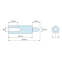 Dimensioned drawing 25 mm / 8 mm, Hexagonal self-tapping threaded spacer lead-free zinc-plated steel M4 / ST4.2 - 7 mm across flats