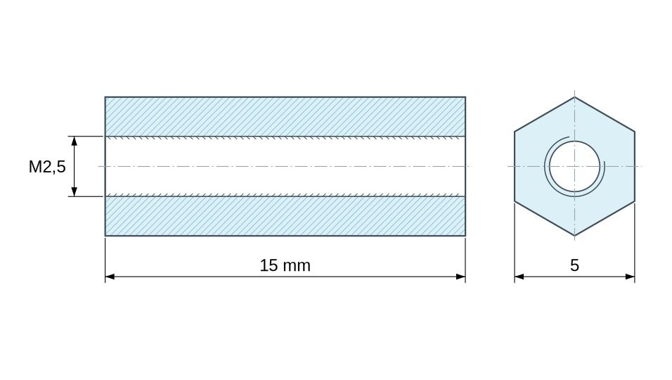 Dimensioned drawing, Hexagonal female/female threaded spacer lead-free zinc-plated steel M2.5 - 5 mm across flats Dimensioned drawing, Hexagonal female/female threaded spacer lead-free zinc-plated steel M2.5 - 5 mm across flats