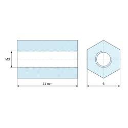 Dimensioned drawing 11 mm, Hexagonal female/female threaded spacer lead-free zinc-plated steel M3 - 6 mm across flats