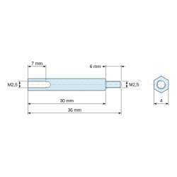 Dimensioned drawing 30 mm / 6 mm, Hexagonal male/female threaded spacer lead-free zinc-plated steel M2.5 - 4 mm across flats