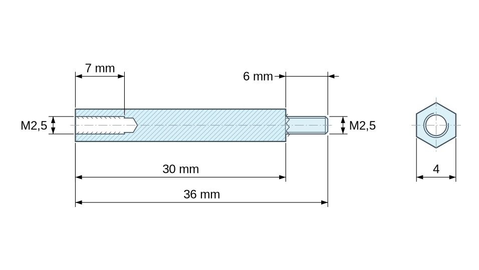 Dimensioned drawing, Hexagonal male/female threaded spacer lead-free zinc-plated steel M2.5 - 4 mm across flats Dimensioned drawing, Hexagonal male/female threaded spacer lead-free zinc-plated steel M2.5 - 4 mm across flats