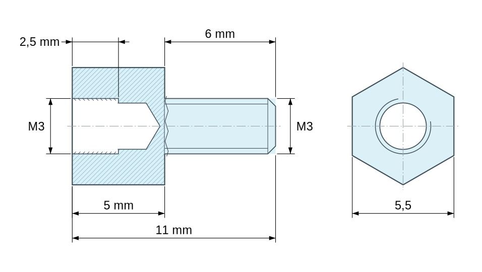 Dimensioned drawing, Hexagonal male/female threaded spacer lead-free zinc-plated steel M3 - 5.5 mm across flats Dimensioned drawing, Hexagonal male/female threaded spacer lead-free zinc-plated steel M3 - 5.5 mm across flats