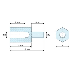 Dimensioned drawing 10 mm / 6 mm, Hexagonal male/female threaded spacer lead-free zinc-plated steel M3 - 6 mm across flats