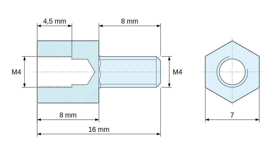 Dimensioned drawing, Hexagonal male/female threaded spacer lead-free zinc-plated steel M4 - 7 mm across flats Dimensioned drawing, Hexagonal male/female threaded spacer lead-free zinc-plated steel M4 - 7 mm across flats