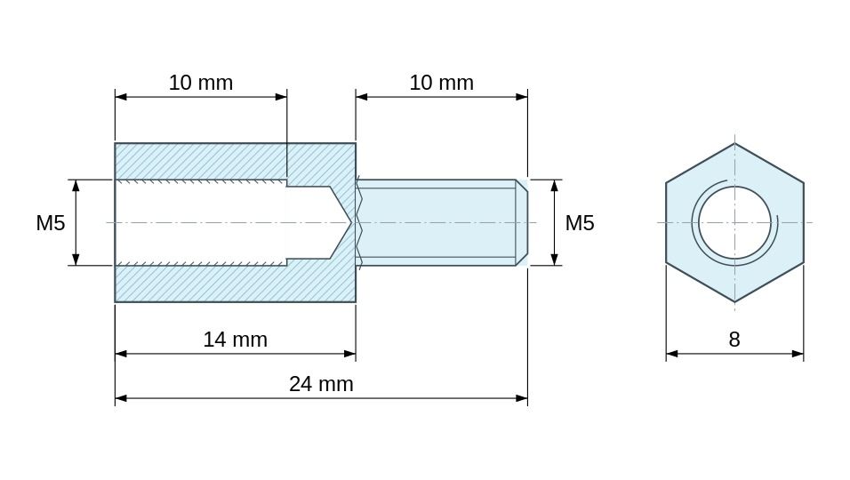 Dimensioned drawing, Hexagonal male/female threaded spacer lead-free zinc-plated steel M5 - 8 mm across flats Dimensioned drawing, Hexagonal male/female threaded spacer lead-free zinc-plated steel M5 - 8 mm across flats