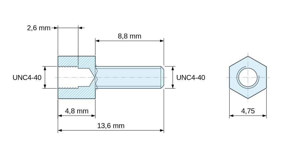 Dimensioned drawing, Hexagonal male/female threaded spacer lead-free zinc-plated steel UNC4-40 - 4.75 mm across flats Dimensioned drawing, Hexagonal male/female threaded spacer lead-free zinc-plated steel UNC4-40 - 4.75 mm across flats