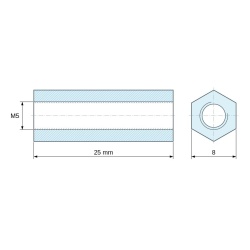 Dimensioned drawing 25 mm, Hexagonal female/female threaded spacer lead-free yellow zinc-plated steel M5 - 8 mm across flats