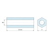 Dimensioned drawing 25 mm, Hexagonal female/female threaded spacer lead-free yellow zinc-plated steel M5 - 8 mm across flats