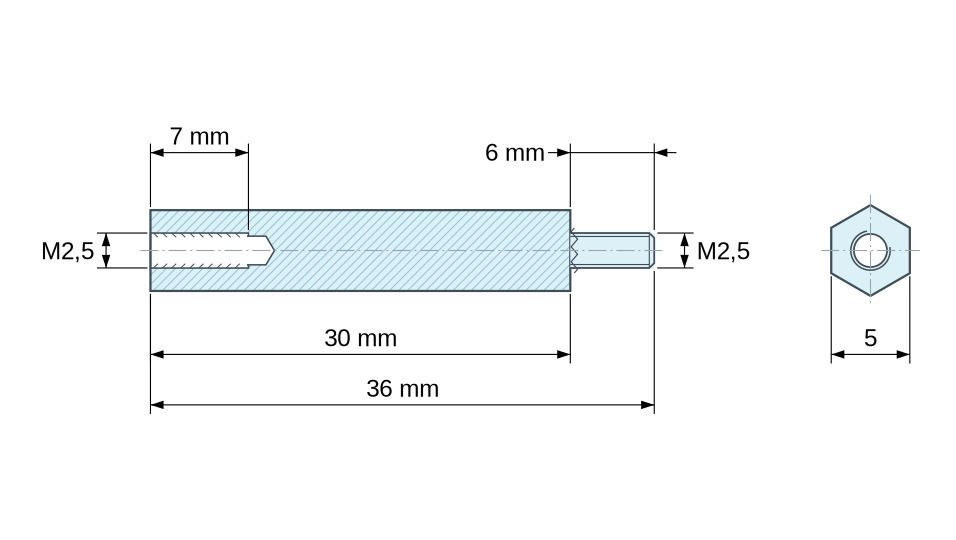 Dimensioned drawing, Hexagonal male/female threaded spacer lead-free yellow zinc-plated steel M2.5 - 5 mm across flats Dimensioned drawing, Hexagonal male/female threaded spacer lead-free yellow zinc-plated steel M2.5 - 5 mm across flats