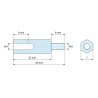 Dimensioned drawing 22 mm / 8 mm, Hexagonal male/female threaded spacer lead-free yellow zinc-plated steel M4 - 7 mm across flats