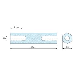 Dimensioned drawing 27 mm, Threaded hexagonal spacer female/female lead-free zinc-plated steel M3