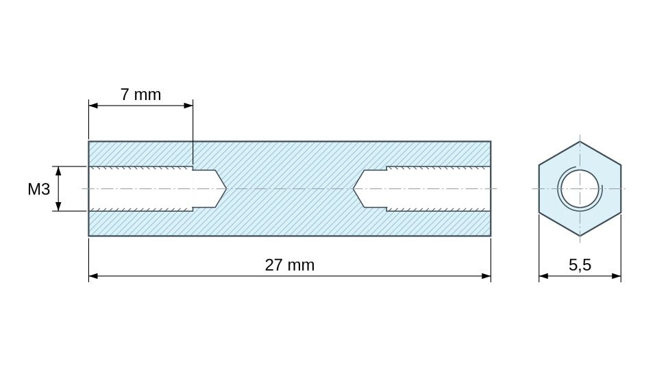 Dimensioned drawing, Threaded hexagonal spacer female/female lead-free zinc-plated steel M3 Dimensioned drawing, Threaded hexagonal spacer female/female lead-free zinc-plated steel M3
