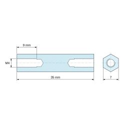 Dimensioned drawing 35 mm, Threaded hexagonal spacer female/female lead-free zinc-plated steel M4