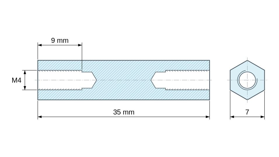 Dimensioned drawing, Threaded hexagonal spacer female/female lead-free zinc-plated steel M4