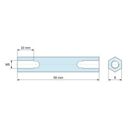 Dimensioned drawing 50 mm, Threaded hexagonal spacer female/female lead-free zinc-plated steel M5