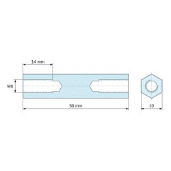 Dimensioned drawing 50 mm, Threaded hexagonal spacer female/female lead-free zinc-plated steel M6