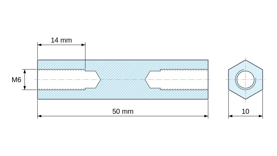Dimensioned drawing, Threaded hexagonal spacer female/female lead-free zinc-plated steel M6 Dimensioned drawing, Threaded hexagonal spacer female/female lead-free zinc-plated steel M6