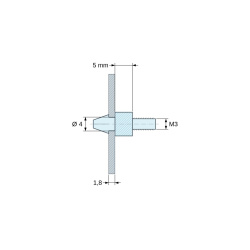 Snap-in circuit-board support with M3 thread, black PA6.6 polyamide UL94-HB, Ø4 mm board hole, 1.8 mm board