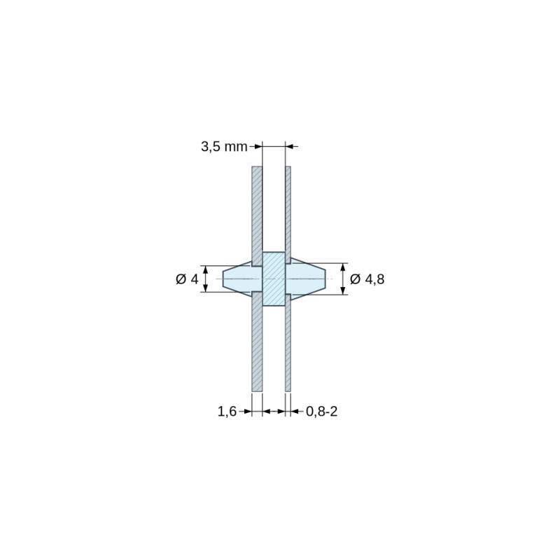Dimensioned drawing 3,5 mm, Double-snap PCB support, PA6.6 polyamide, natural, UL94-V2, PCB Ø4/1.6 mm / CH Ø4.8/0.8–2 mm