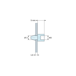 Dimensioned drawing 5 mm, Snap-in circuit-board support, M3 internally threaded, black PA6.6 polyamide UL94-HB, Ø3 mm board hole, 1.6 mm board