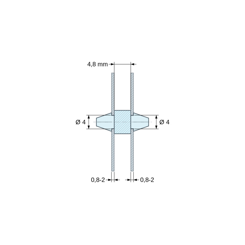 Dimensioned drawing 4,8 mm, Double-snap PCB support, PA6.6 natural, UL94-V2, PCB hole Ø4 mm, PCB thickness 0.8–2 mm
