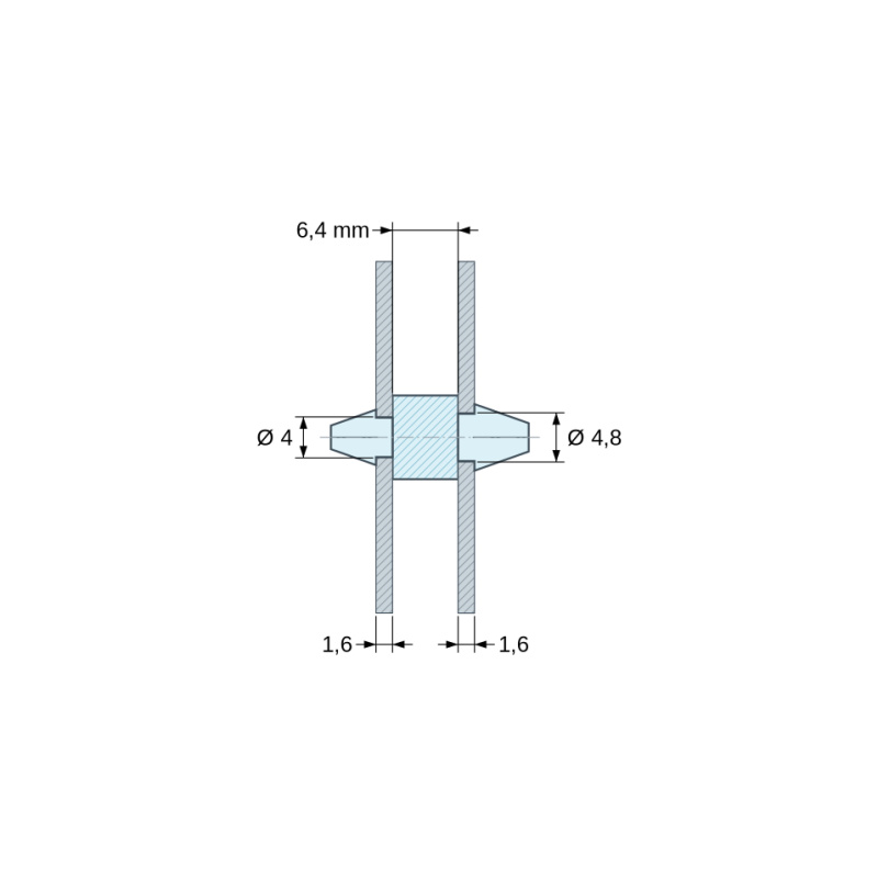 Dimensioned drawing 6,4 mm, Double-snap PCB support, PA6.6 polyamide, natural, UL94-V2, PCB Ø4/1.6 mm / CH Ø4.8/1.6 mm