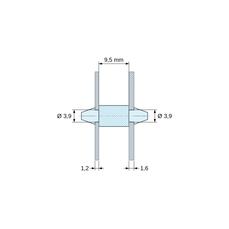 Dimensioned drawing 9,5 mm, Double-snap PCB support, PA6.6 polyamide, natural, UL94-V2, PCB Ø3.9/1.2 mm / CH Ø3.9/1.6 mm
