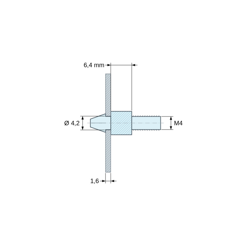 Dimensioned drawing 6,4 mm, Snap-in circuit-board support with M4 thread, natural PA6.6 polyamide UL94-V2, Ø4.2 mm board hole, 1.6 mm board