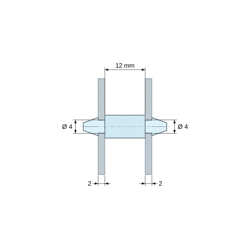 Dimensioned drawing 12 mm, Double-snap PCB support, PA6.6 natural, UL94-HB, PCB hole Ø4 mm, PCB thickness 2 mm