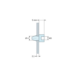 Dimensioned drawing 5 mm, Snap-in circuit-board support, M3 internally threaded, black PA6.6 polyamide UL94-HB, Ø4 mm board hole, 2.1 mm board
