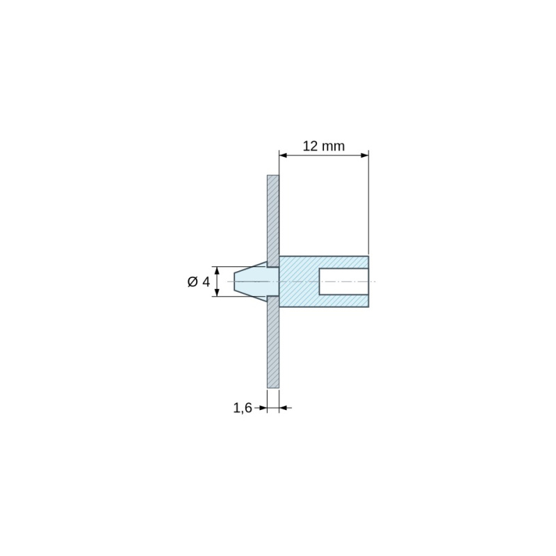 Dimensioned drawing 12 mm, Snap-in PCB support for M4 screw, natural PA6.6 UL94-V2, Ø4 mm hole, 1.6 mm board