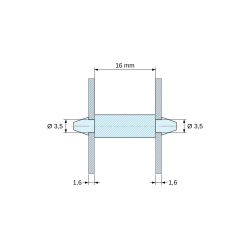 Dimensioned drawing 16 mm, Double-snap PCB support, PA6.6 natural, UL94-V0, PCB hole Ø3.5 mm, PCB thickness 1.6 mm