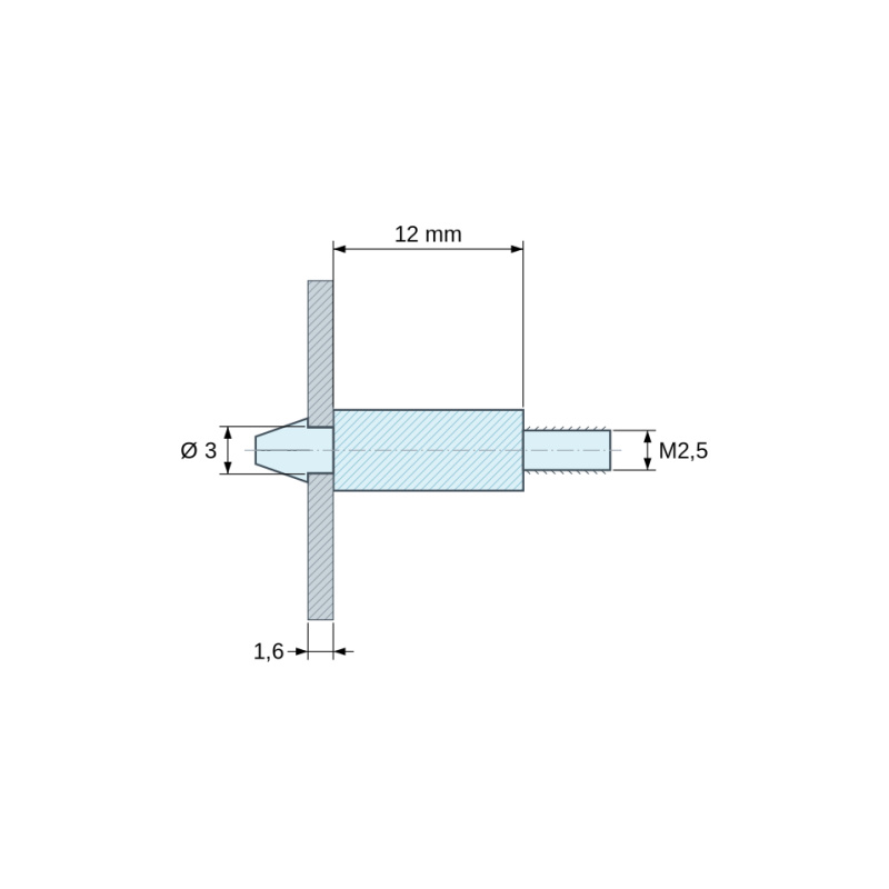 Dimensioned drawing 12 mm, Snap-in circuit-board support with M2,5 thread, black PA6.6 polyamide UL94-HB, Ø3 mm board hole, 1.6 mm board
