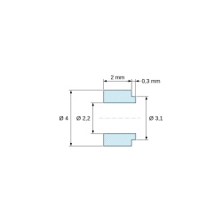 Dimensioned drawing 2 mm, PA6-GF shouldered spacer Ø2.2×4 mm, shoulder Ø3.1×0.3 mm, for M2, UL94-HB