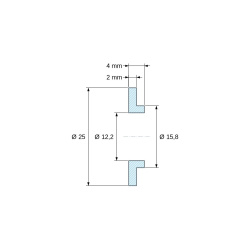 Dimensioned drawing 4 mm, Insulating flanged bushing Ø12,2x25mm, low shoulder Ø15,8mm, natural PA6 polyamide UL94-V2