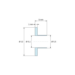 Dimensioned drawing 5 mm, Insulating flanged bushing Ø5,1x12mm, high shoulder Ø5,5mm, black glass-fiber-reinforced PA6.6 polyamide UL94-HB