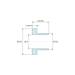 Dimensioned drawing 3,5 mm, Insulating flanged bushing Ø3x5,5mm, low shoulder Ø3,5mm, black glass-fiber-reinforced PA6.6 polyamide UL94-HB