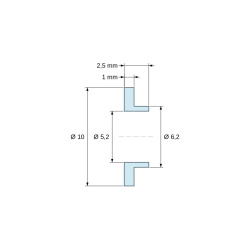 Dimensioned drawing 2,5 mm, Insulating flanged bushing Ø5,2x10mm, low shoulder Ø6,2mm, black glass-fiber-reinforced PA6.6 polyamide